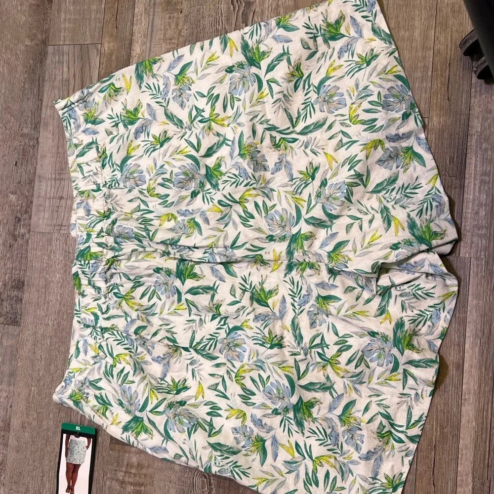 Ellen Tracy Womens Linen Blend Tropical Floral Print Shorts White‎ Green XL NWT